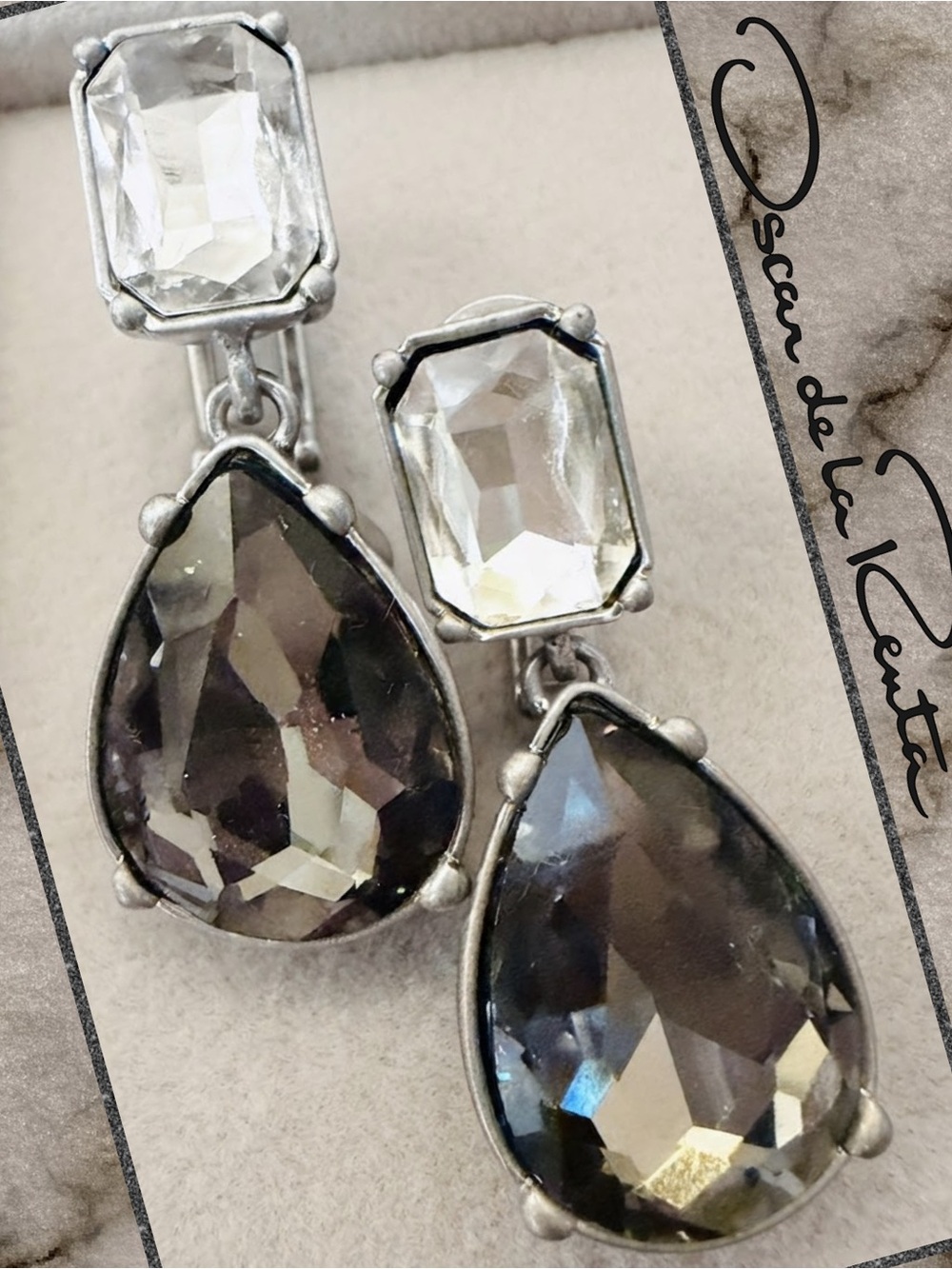 Oscar de la Renta Smoky Crystal & Silver Tone Dangle Drop Teardrop Earrings✨POST